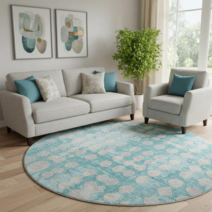 HomeRoots 8' Teal and Ivory Polka Dot Round Rug – Washable, UV-Protected, Stain-Resistant for High-Traffic Areas 669153