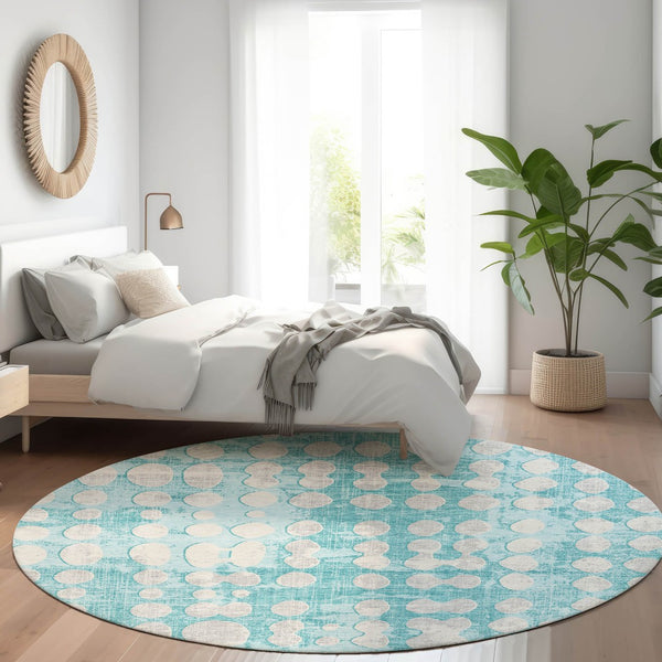 HomeRoots 8' Teal and Ivory Polka Dot Round Rug – Washable, UV-Protected, Stain-Resistant for High-Traffic Areas 669153