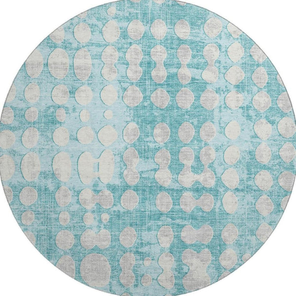 HomeRoots 8' Teal and Ivory Polka Dot Round Rug – Washable, UV-Protected, Stain-Resistant for High-Traffic Areas 669153