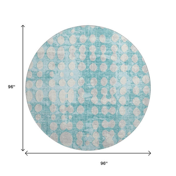 HomeRoots 8' Teal and Ivory Polka Dot Round Rug – Washable, UV-Protected, Stain-Resistant for High-Traffic Areas 669153