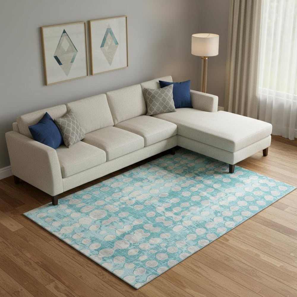 HomeRoots 8' X 10' Teal and Ivory Polka Dot Washable Area Rug - Durable, UV Protected, Perfect for Busy Homes! 669154