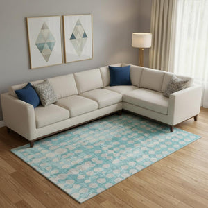 HomeRoots 9' X 12' Teal & Ivory Polka Dot Washable Area Rug - Durable, UV-Protected, Ideal for High-Traffic Spaces! 669155