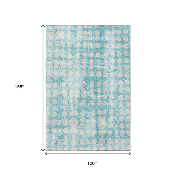 HomeRoots 10' X 14' Teal And Ivory Polka Dot Washable Area Rug - Durable, Stain Resistant & UV Protected Design 669156