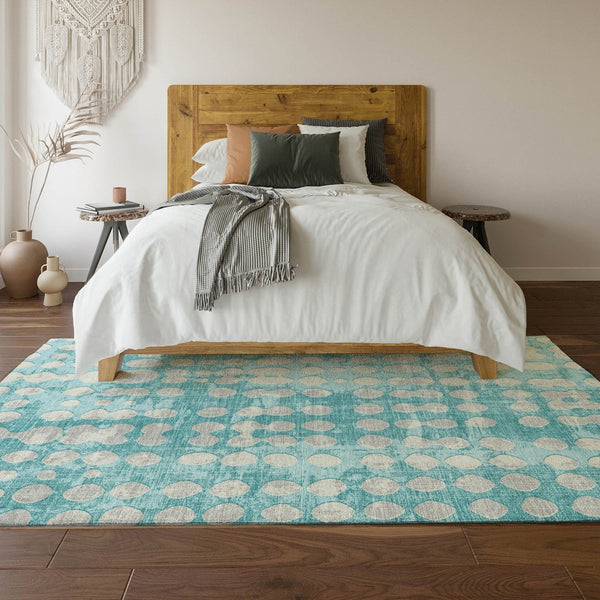 HomeRoots 10' X 14' Teal And Ivory Polka Dot Washable Area Rug - Durable, Stain Resistant & UV Protected Design 669156
