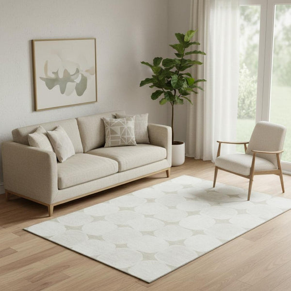 HomeRoots 5' X 8' Beige And Ivory Abstract Geometric Area Rug – Durable, Washable, UV Protected for Easy Care 669158