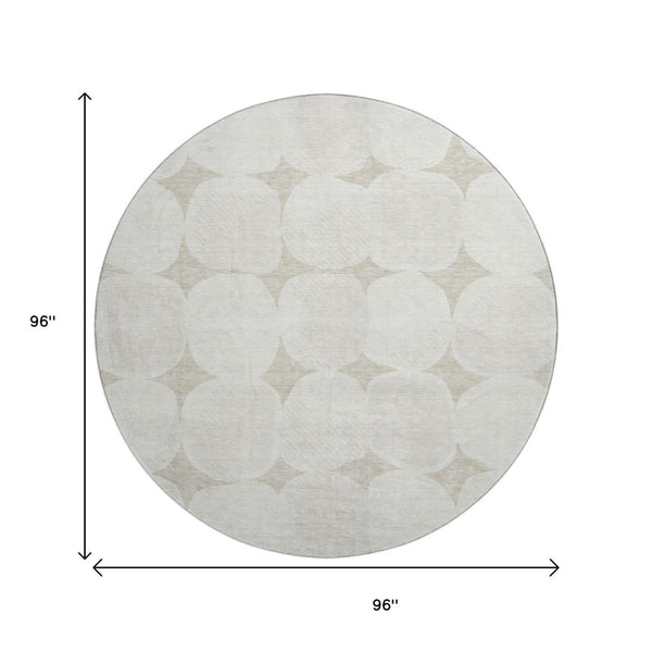 HomeRoots 8' Washable Round Rug - Beige & Ivory Abstract Geometric, UV Protected, Durable for High Traffic Areas 669159