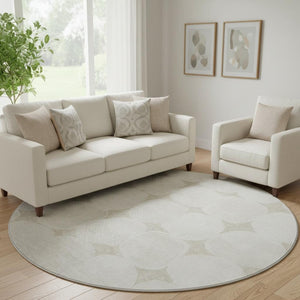 HomeRoots 8' Washable Round Rug - Beige & Ivory Abstract Geometric, UV Protected, Durable for High Traffic Areas 669159