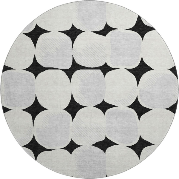 HomeRoots 8' Black and Ivory Abstract Geometric Washable Round Rug - Durable, Stylish & UV Resistant Design 669165