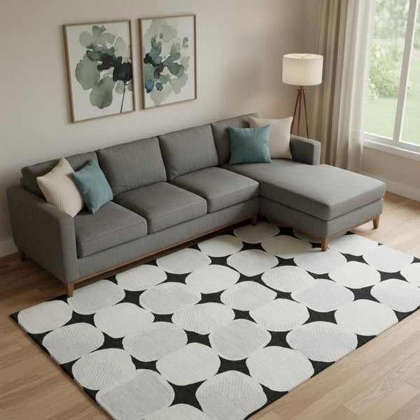 HomeRoots 9' X 12' Washable Black & Ivory Abstract Geometric Area Rug with UV Protection for Busy Homes 669167