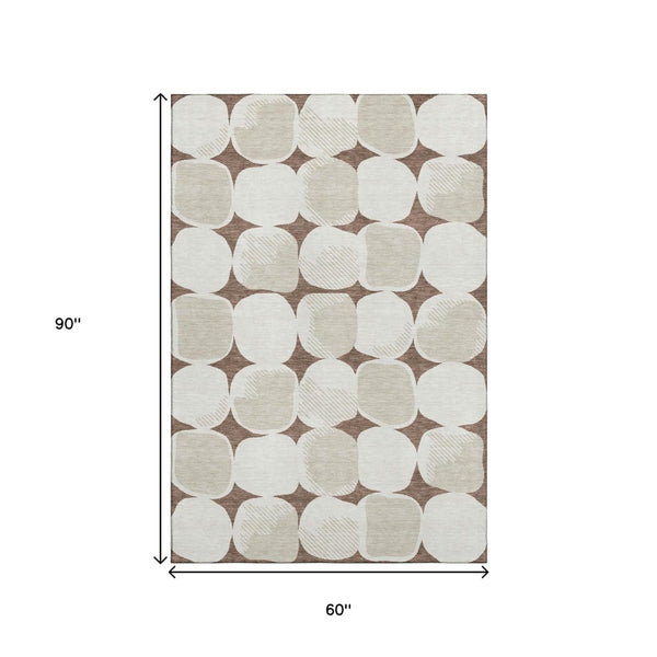 HomeRoots 5' X 8' Brown & Ivory Abstract Geometric Area Rug - Washable, UV Protected, Ideal for Busy Homes! 669170