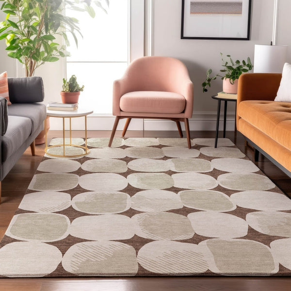 HomeRoots 5' X 8' Brown & Ivory Abstract Geometric Area Rug - Washable, UV Protected, Ideal for Busy Homes! 669170