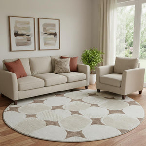 HomeRoots 8' Brown and Ivory Abstract Geometric Round Rug - Washable, UV-Protected, Perfect for Busy Homes! 669171