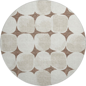 HomeRoots 8' Brown and Ivory Abstract Geometric Round Rug - Washable, UV-Protected, Perfect for Busy Homes! 669171