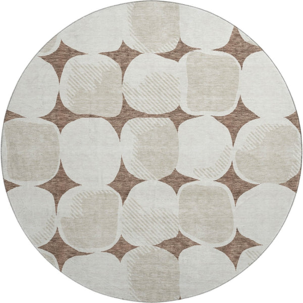 HomeRoots 8' Brown and Ivory Abstract Geometric Round Rug - Washable, UV-Protected, Perfect for Busy Homes! 669171