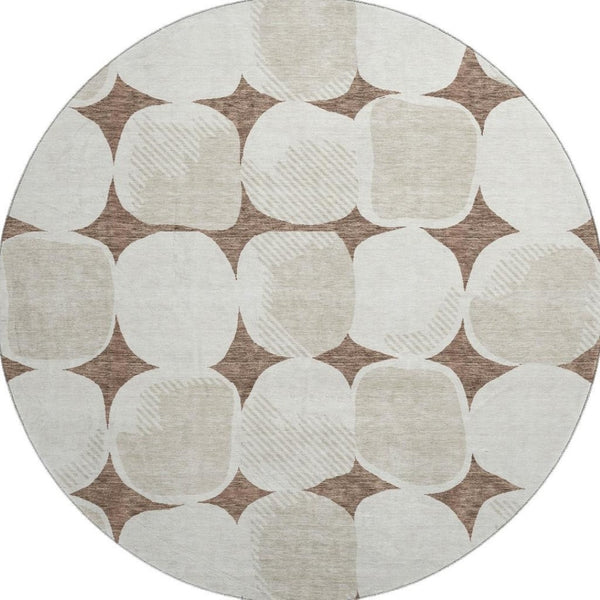HomeRoots 8' Brown and Ivory Abstract Geometric Round Rug - Washable, UV-Protected, Perfect for Busy Homes! 669171