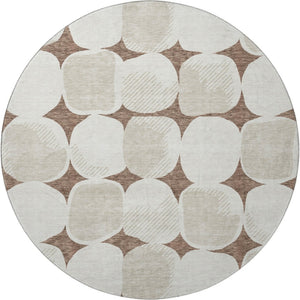 HomeRoots 8' Brown and Ivory Abstract Geometric Round Rug - Washable, UV-Protected, Perfect for Busy Homes! 669171