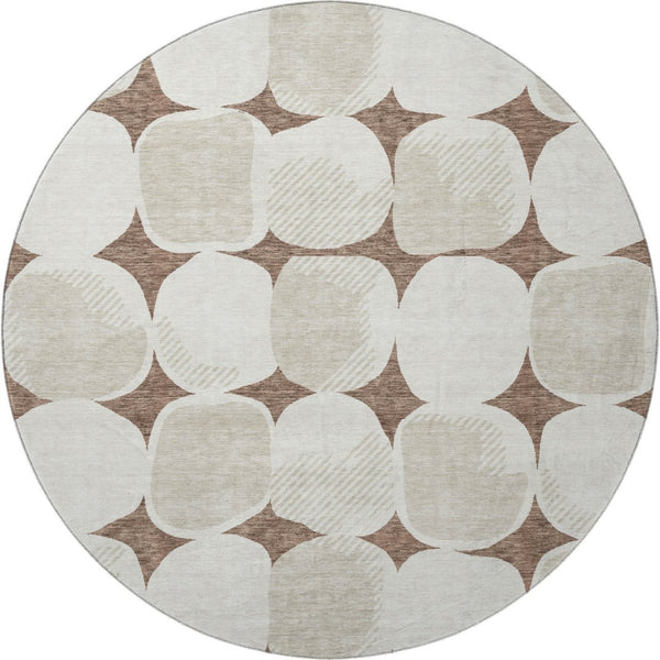 HomeRoots 8' Brown and Ivory Abstract Geometric Round Rug - Washable, UV-Protected, Perfect for Busy Homes! 669171