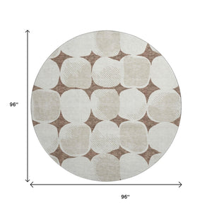 HomeRoots 8' Brown and Ivory Abstract Geometric Round Rug - Washable, UV-Protected, Perfect for Busy Homes! 669171