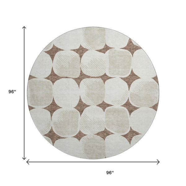 HomeRoots 8' Brown and Ivory Abstract Geometric Round Rug - Washable, UV-Protected, Perfect for Busy Homes! 669171