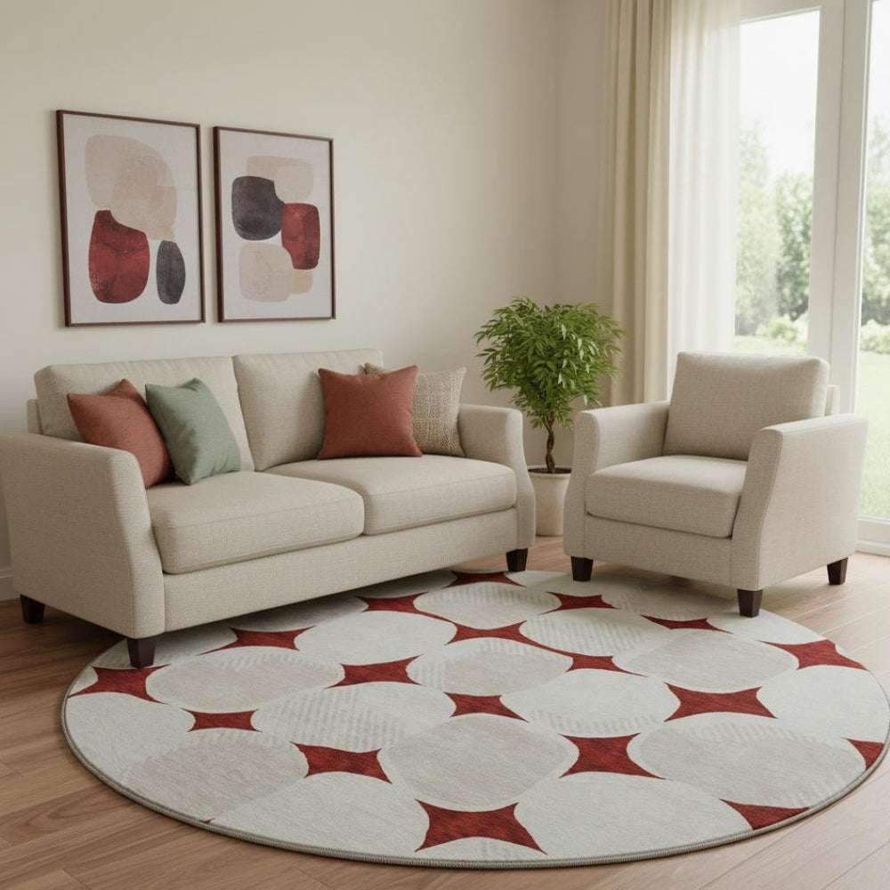 HomeRoots 8' Burgundy and Ivory Abstract Geometric Round Rug - Washable, UV Protected, Perfect for Any Space 669177