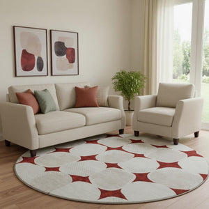 HomeRoots 8' Burgundy and Ivory Abstract Geometric Round Rug - Washable, UV Protected, Perfect for Any Space 669177