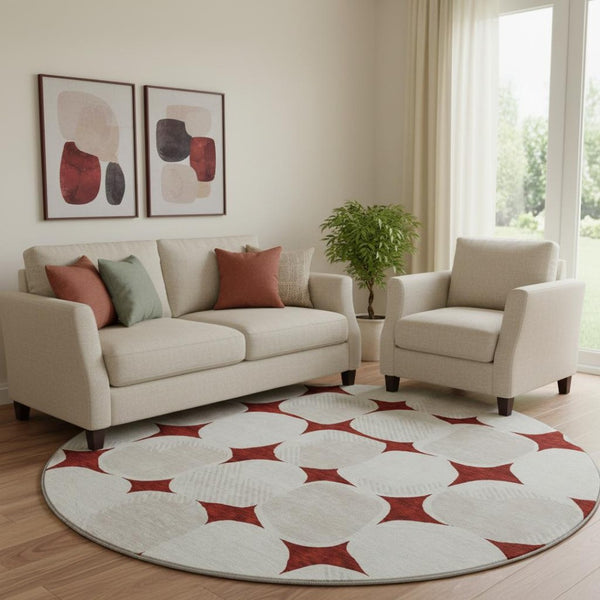 HomeRoots 8' Burgundy and Ivory Abstract Geometric Round Rug - Washable, UV Protected, Perfect for Any Space 669177