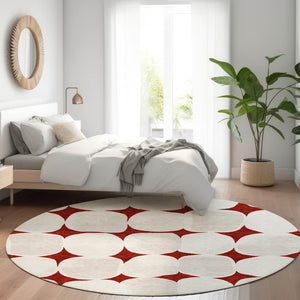 HomeRoots 8' Burgundy and Ivory Abstract Geometric Round Rug - Washable, UV Protected, Perfect for Any Space 669177