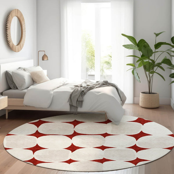 HomeRoots 8' Burgundy and Ivory Abstract Geometric Round Rug - Washable, UV Protected, Perfect for Any Space 669177