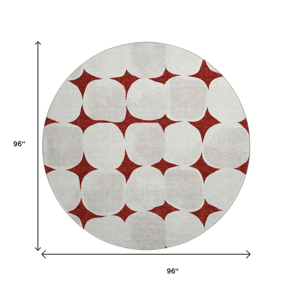 HomeRoots 8' Burgundy and Ivory Abstract Geometric Round Rug - Washable, UV Protected, Perfect for Any Space 669177