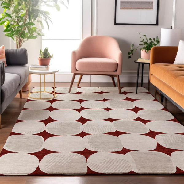 HomeRoots 10' Burgundy and Ivory Abstract Geometric Area Rug - Washable, Stain Resistant, UV Protected Design 669180