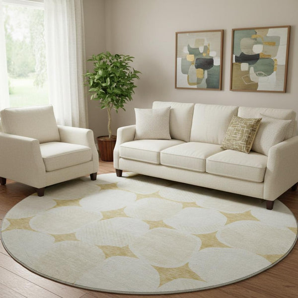 HomeRoots 8' Gold And Ivory Abstract Geometric Round Rug – Soft, Washable, UV-Protected for Busy Homes 669183