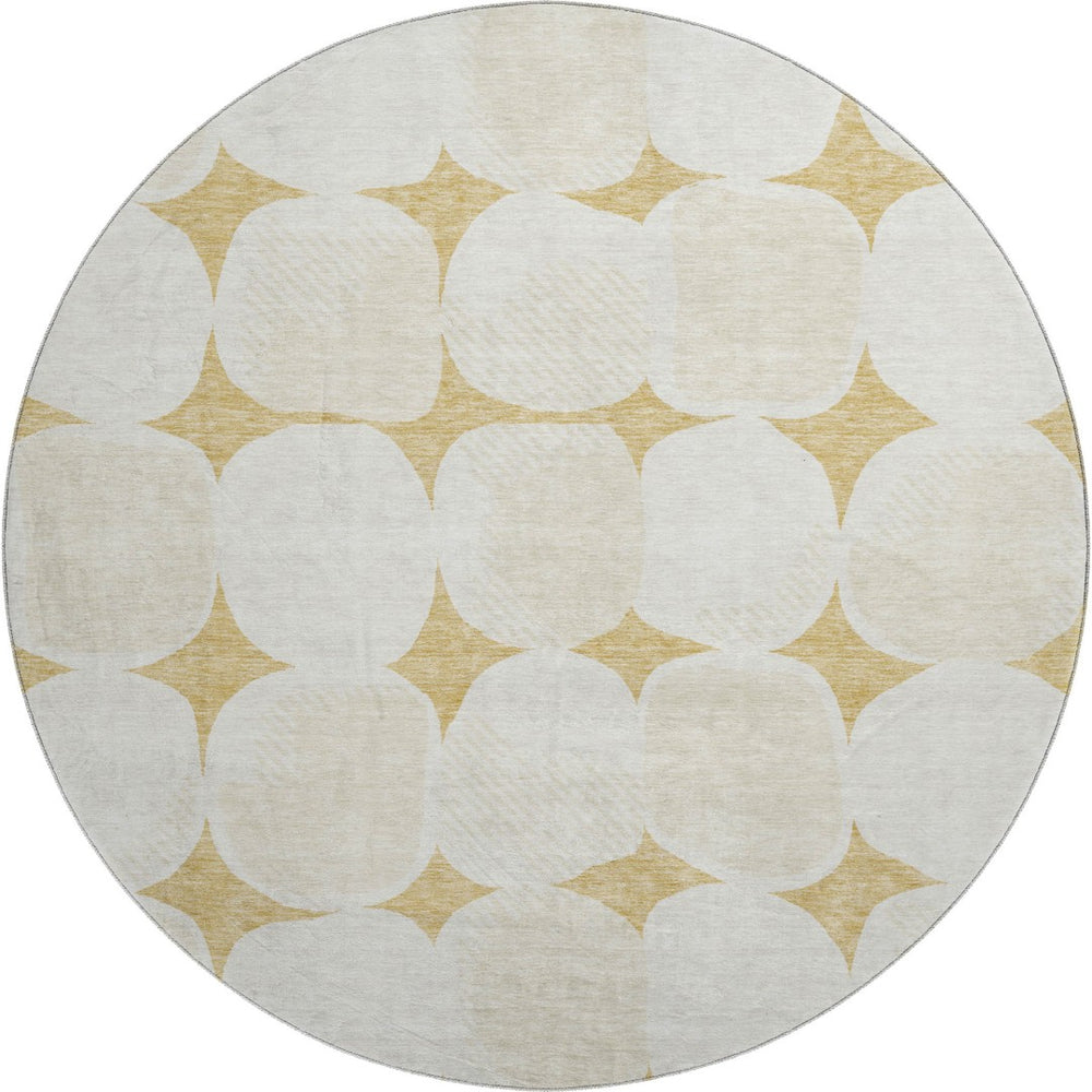 HomeRoots 8' Gold And Ivory Abstract Geometric Round Rug – Soft, Washable, UV-Protected for Busy Homes 669183