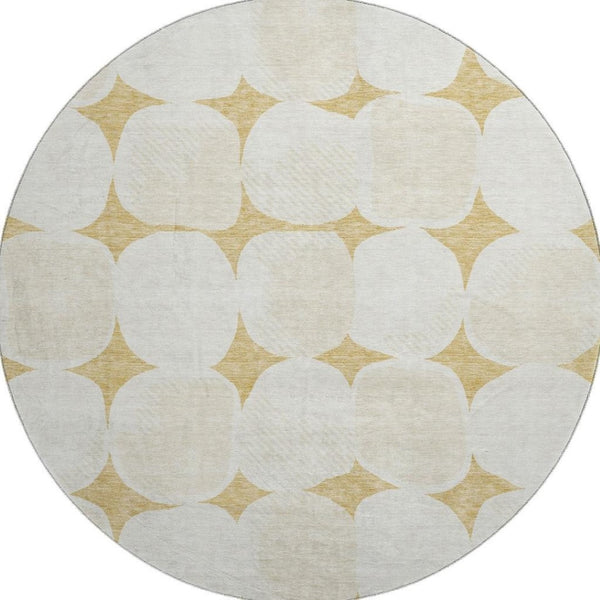 HomeRoots 8' Gold And Ivory Abstract Geometric Round Rug – Soft, Washable, UV-Protected for Busy Homes 669183