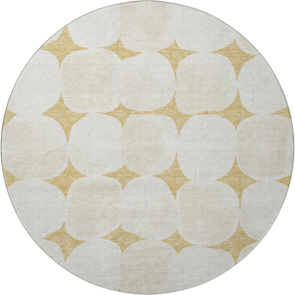 HomeRoots 8' Gold And Ivory Abstract Geometric Round Rug – Soft, Washable, UV-Protected for Busy Homes 669183