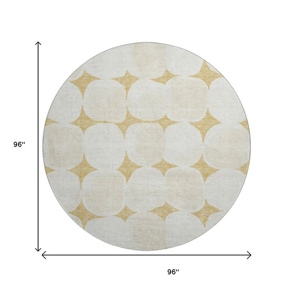 HomeRoots 8' Gold And Ivory Abstract Geometric Round Rug – Soft, Washable, UV-Protected for Busy Homes 669183