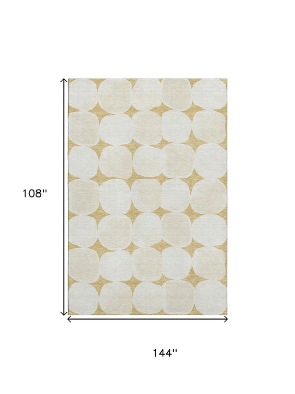 HomeRoots 9' X 12' Gold and Ivory Abstract Geometric Area Rug - Washable, UV-Protected, Pet-Friendly Design 669185