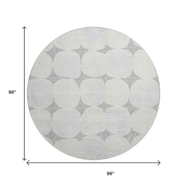 HomeRoots 8' Gray and Ivory Abstract Geometric Washable Round Rug - Stylish, Durable, UV-Protected Design! 669189
