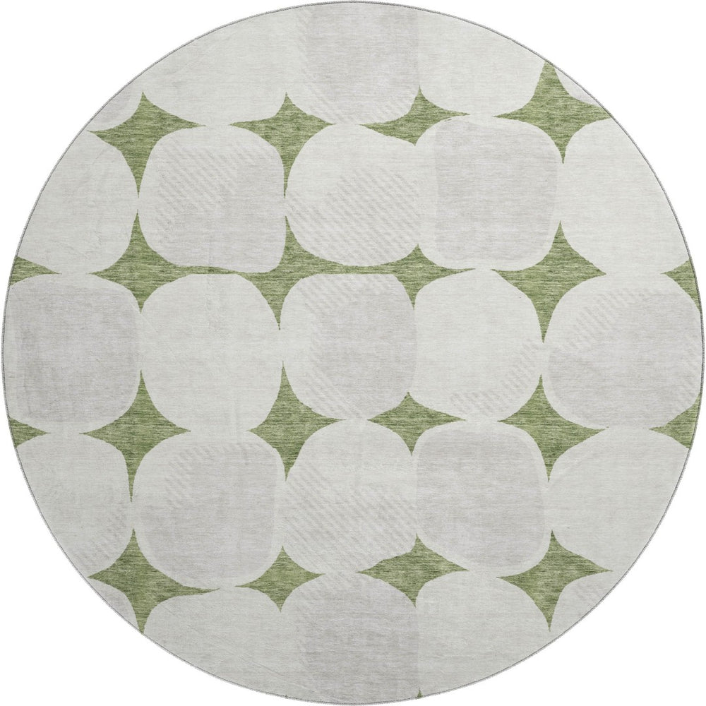 HomeRoots 8' Green and Ivory Abstract Geometric Round Rug - Washable, UV Protected, Perfect for High-Traffic Areas 669195