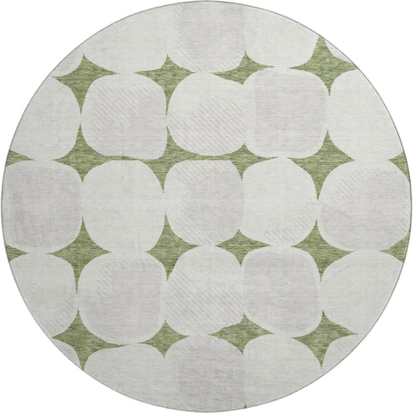 HomeRoots 8' Green and Ivory Abstract Geometric Round Rug - Washable, UV Protected, Perfect for High-Traffic Areas 669195
