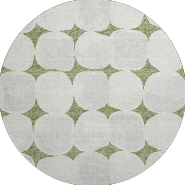 HomeRoots 8' Green and Ivory Abstract Geometric Round Rug - Washable, UV Protected, Perfect for High-Traffic Areas 669195