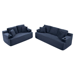 English Elm Boneless Floor Sofa Corduroy Upholstered 5 Seat Low Profile with Cup Holders for Living Room Blue W1117S00433