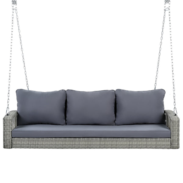 English Elm GO 69" PE Wicker 3-Person Porch Swing with 800lb Capacity, Cushioned Patio Bench for Backyard Relaxation Gray N704P250643E