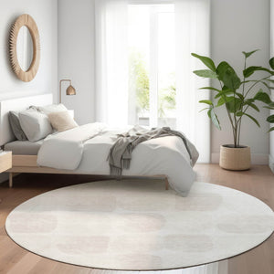 HomeRoots 8' Ivory and Beige Abstract Geometric Washable Round Rug with UV Protection for High-Traffic Areas 669201