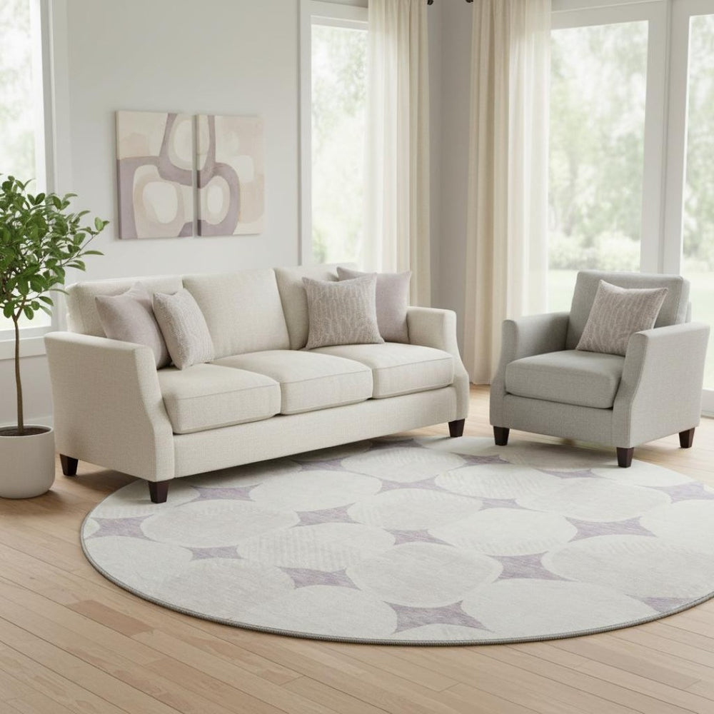 HomeRoots 8' Lavender Abstract Geometric Round Rug - UV Protected, Washable, Durable for Modern Spaces 669207