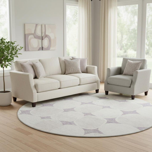 HomeRoots 8' Lavender Abstract Geometric Round Rug - UV Protected, Washable, Durable for Modern Spaces 669207