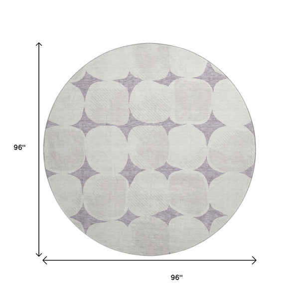 HomeRoots 8' Lavender Abstract Geometric Round Rug - UV Protected, Washable, Durable for Modern Spaces 669207