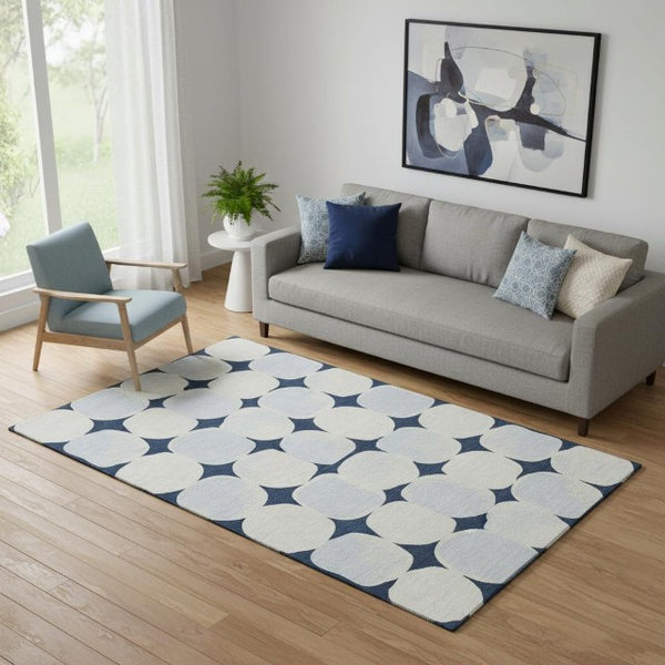 HomeRoots 5' X 8' Navy Blue & Ivory Geometric Area Rug - Washable, UV-Protected, Durable for Homes with Kids & Pets 669212