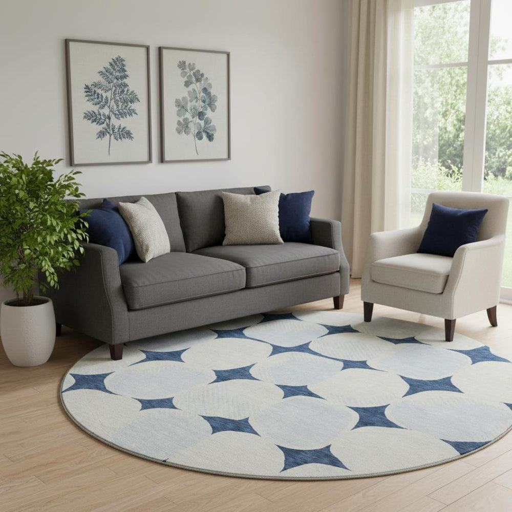 HomeRoots 8' Navy Blue & Ivory Abstract Geometric Round Rug – Washable, UV Protected, Kid & Pet Friendly! 669213