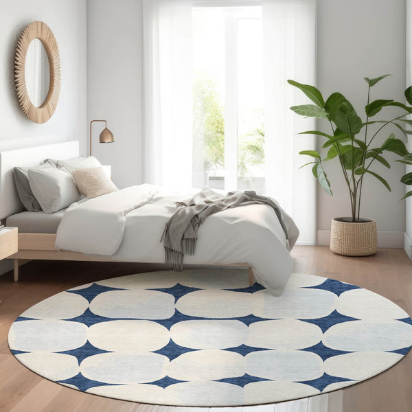 HomeRoots 8' Navy Blue & Ivory Abstract Geometric Round Rug – Washable, UV Protected, Kid & Pet Friendly! 669213