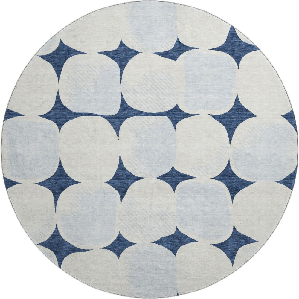 HomeRoots 8' Navy Blue & Ivory Abstract Geometric Round Rug – Washable, UV Protected, Kid & Pet Friendly! 669213